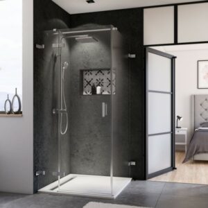 Norma Drehtür mit Festteil für Seitenwand, Anschlag links, rahmenlos, Wandwinkel außen