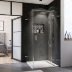 Norma Drehtür mit Festteil für Seitenwand, Anschlag rechts, rahmenlos, Wandwinkel außen