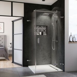 Norma Drehtür mit Festteil für Seitenwand, Anschlag rechts, rahmenlos, Wandwinkel außen