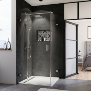 Norma Drehtür mit Festteil für Seitenwand, rahmenlos, Wandwinkel innen, Anschlag links