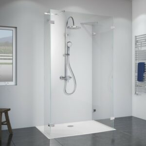 Norma zwei Duschwände mit festem Element über Eck rahmenlos, Wandwinkel außen