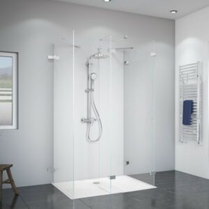 Norma zwei Duschwände mit festem Element über Eck und Seitenwand, rahmenlos Wandwinkel außen